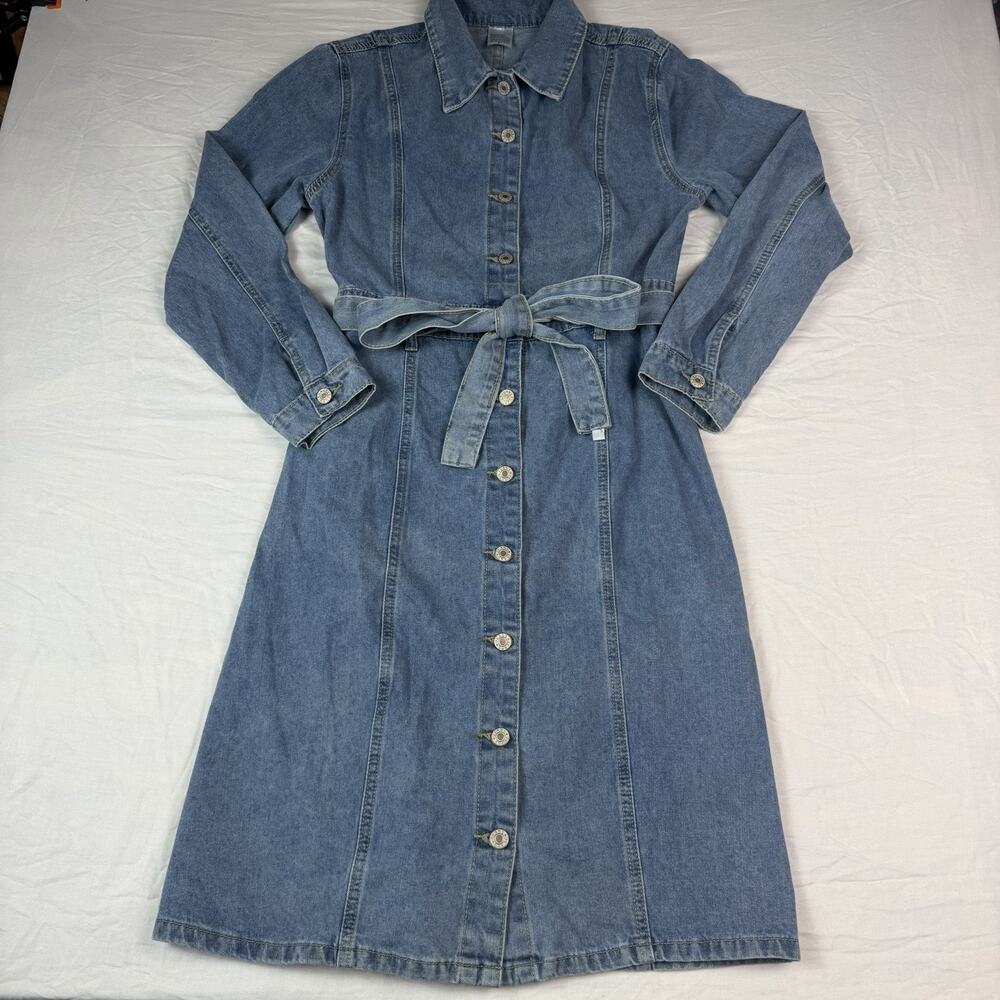Womens Denim Dress L Button Front Belted Midi Jean Dress Casual Cottagecore